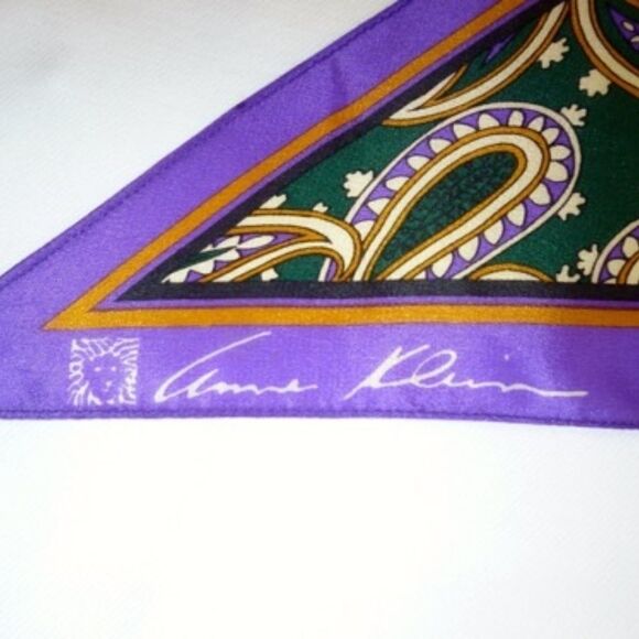9X66 ANNE KLEIN SILK PAISLEY SCARF PURPLE GREEN - Picture 2 of 3